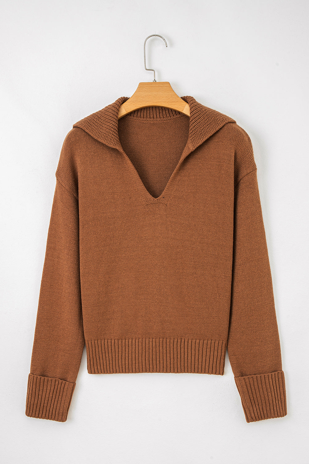 Chestnut Collared V Neck Ribbed Edge Sexy Elegant Sweater-TOPS / DRESSES-[Adult]-[Female]-2022 Online Blue Zone Planet