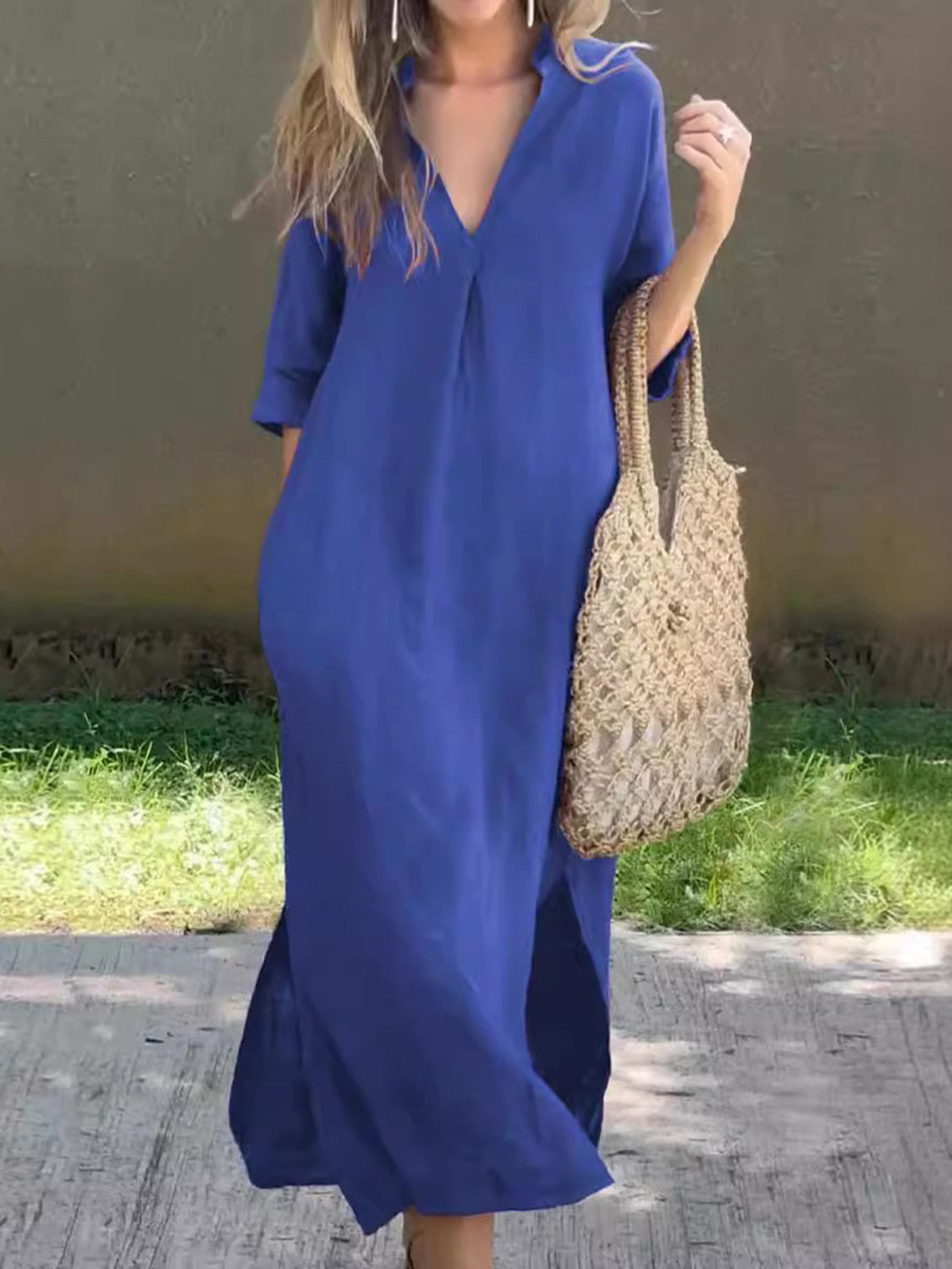 Full Size Notched Half Sleeve Midi Dress-TOPS / DRESSES-[Adult]-[Female]-2022 Online Blue Zone Planet