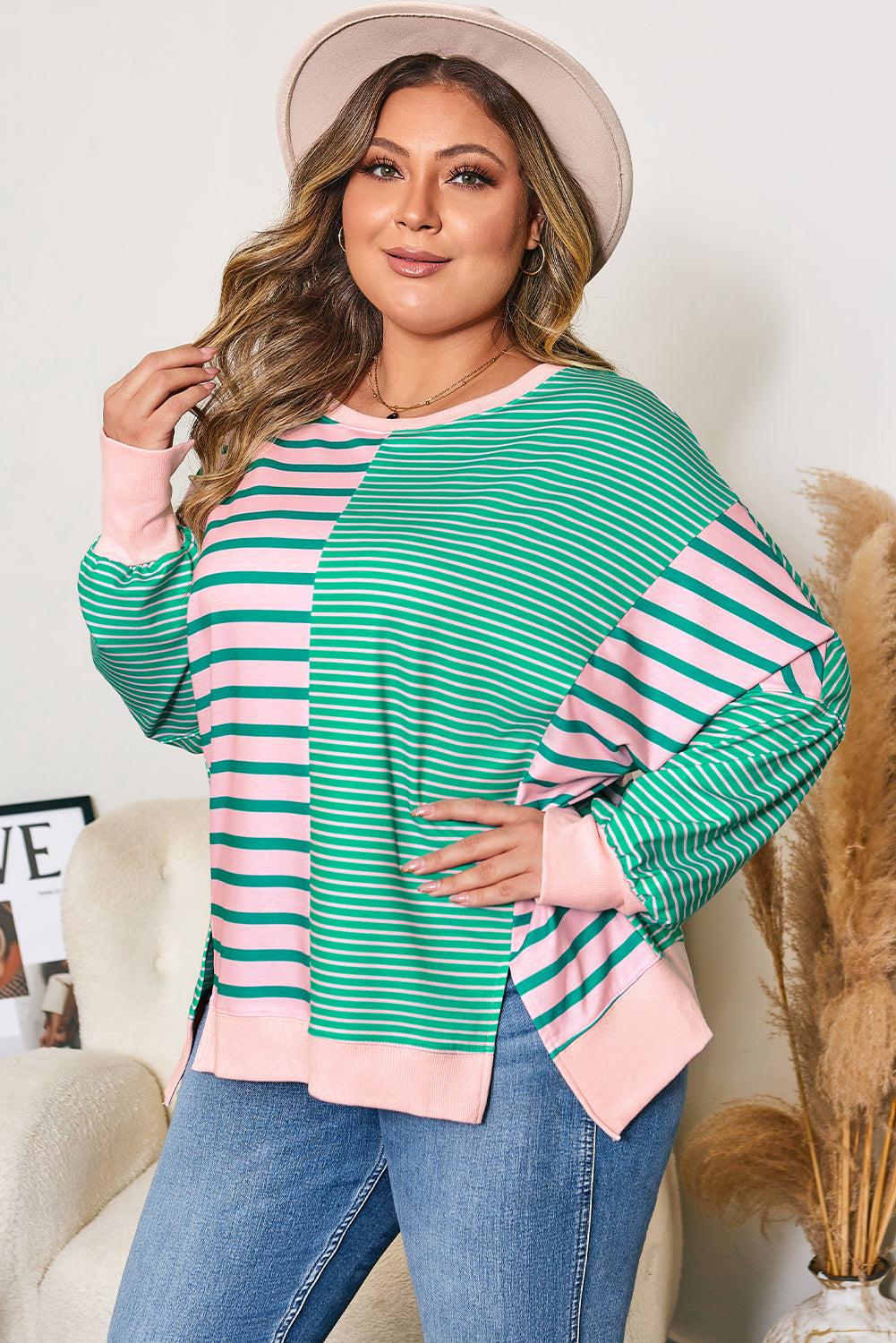 Green Stripe Color Block Exposed Seam Side Slit Plus Size Sweatshirt-Plus Size/Plus Size Sweatshirts & Hoodies-[Adult]-[Female]-2022 Online Blue Zone Planet