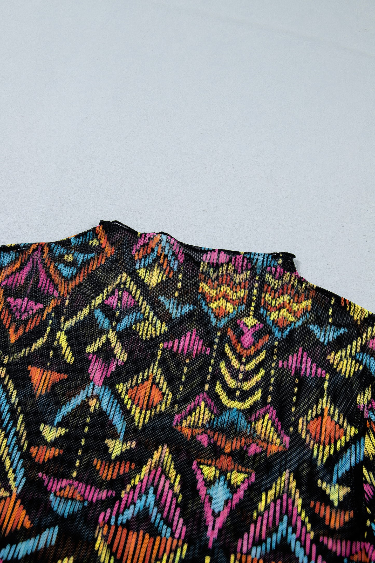 Color Black Abstract Print Long Sleeve Stand Neck Mesh Top-Tops/Long Sleeve Tops-[Adult]-[Female]-2022 Online Blue Zone Planet