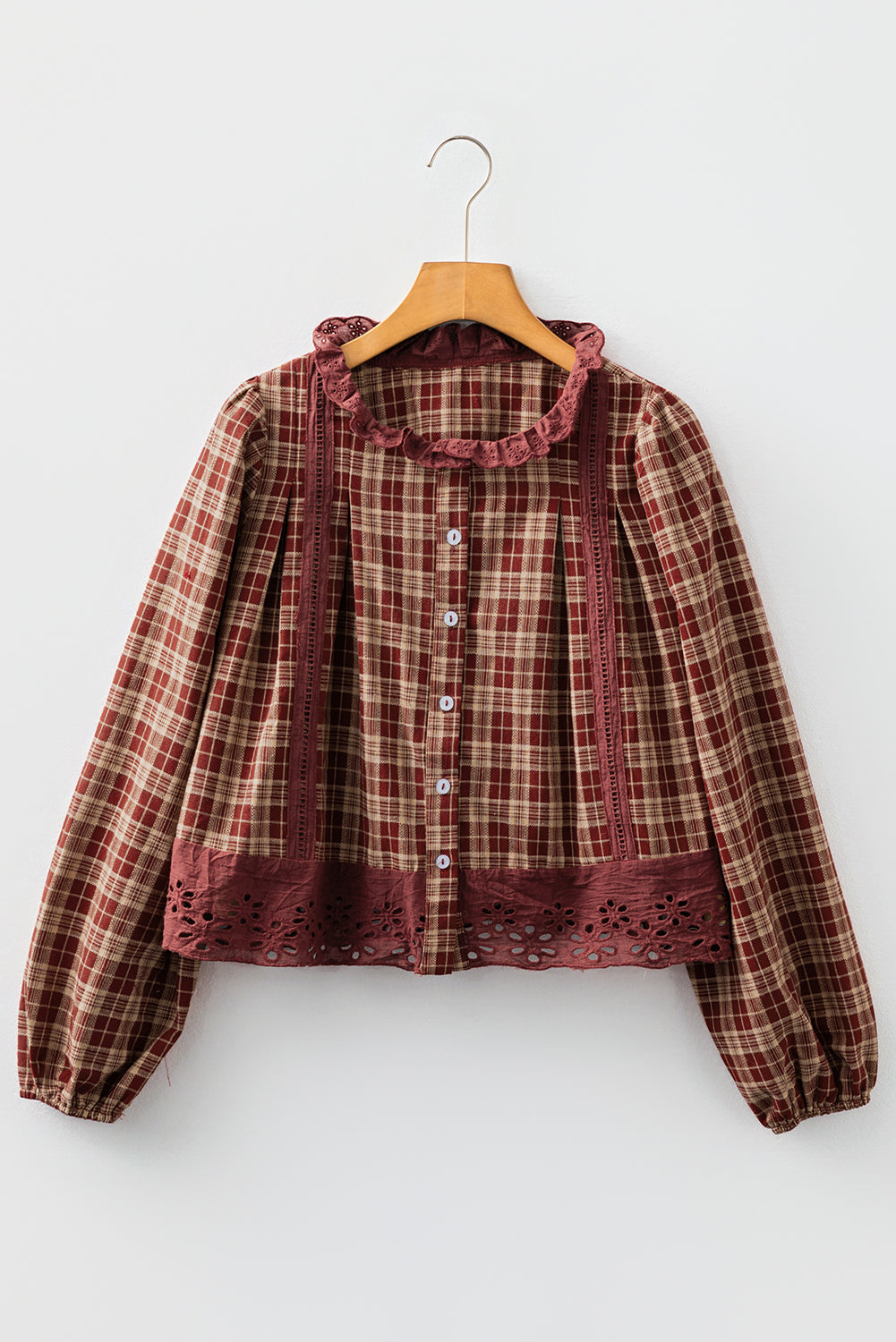 Red Dahlia Plaid Eyelet Lace Trim Button Down Loose Long Sleeve Shirt-Tops/Blouses & Shirts-[Adult]-[Female]-2022 Online Blue Zone Planet