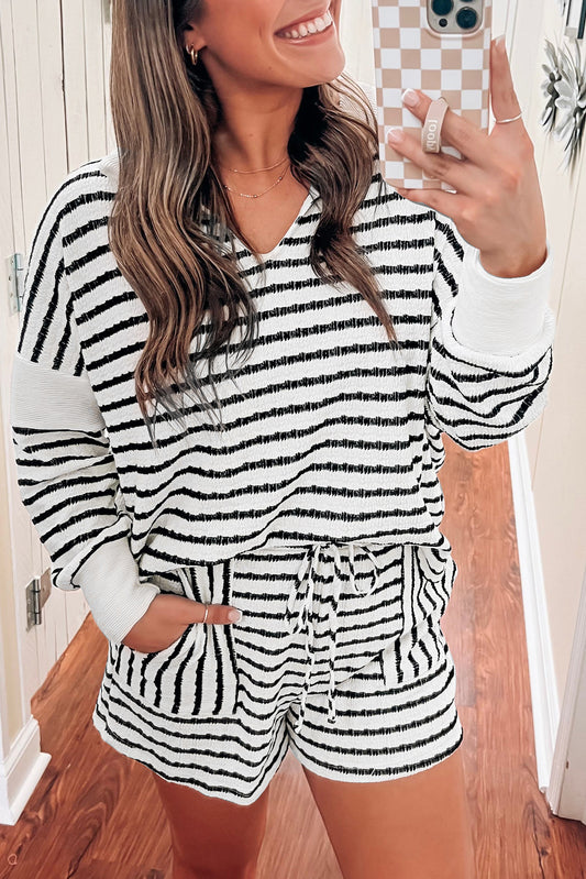 Black Stripe Collared V Neck Long Sleeve Top Plus Shorts Set-Plus Size/Plus Size Loungewear-[Adult]-[Female]-Black Stripe-1X-2022 Online Blue Zone Planet