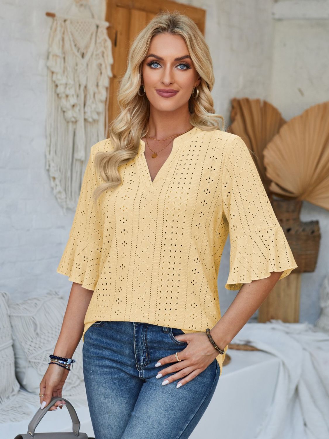 Eyelet Notched Half Sleeve T-Shirt-TOPS / DRESSES-[Adult]-[Female]-Light Yellow-S-2022 Online Blue Zone Planet