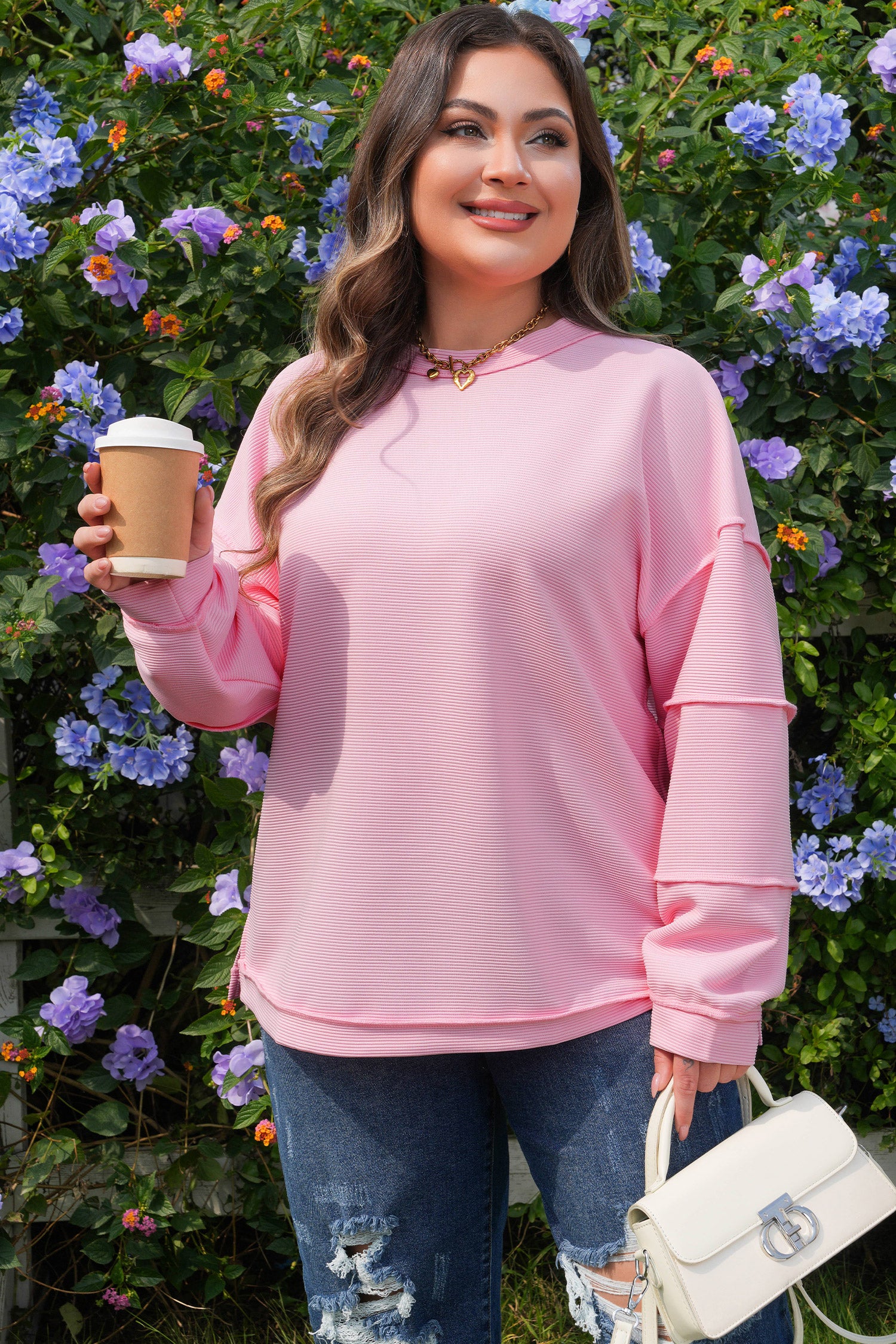 Pink Drop Shoulder Long Sleeve Plus Size Ribbed Top-Plus Size/Plus Size Tops/Plus Size Long Sleeve Tops-[Adult]-[Female]-2022 Online Blue Zone Planet