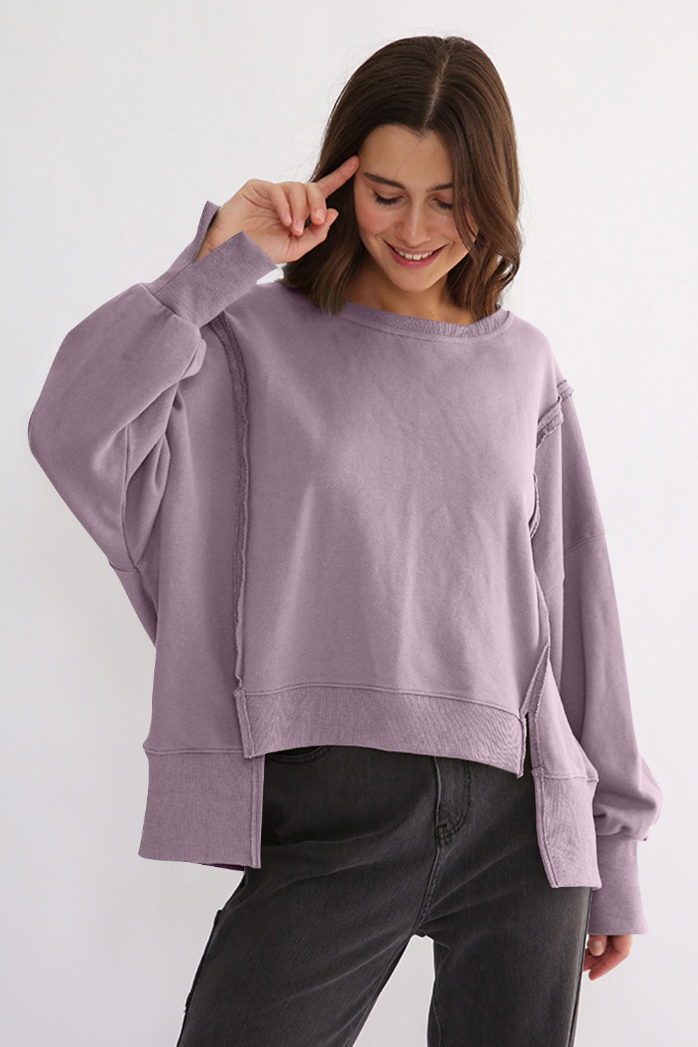 Exposed Seam High-Low Long Sleeve Sweatshirt-TOPS / DRESSES-[Adult]-[Female]-Lilac-One Size-2022 Online Blue Zone Planet