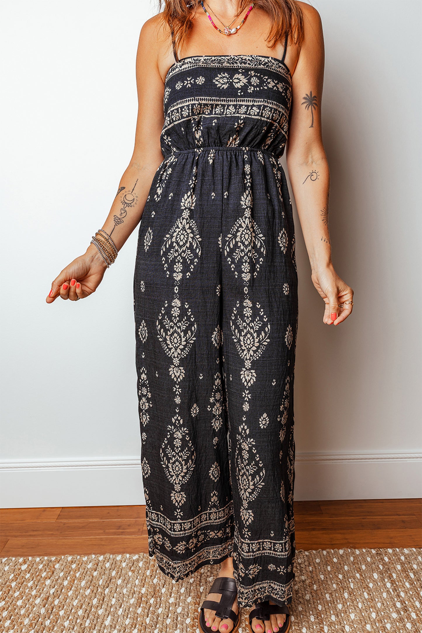 Black Spaghetti Straps Elastic Waist Loose Ethnic Print Jumpsuit-Bottoms/Jumpsuits & Rompers-[Adult]-[Female]-2022 Online Blue Zone Planet