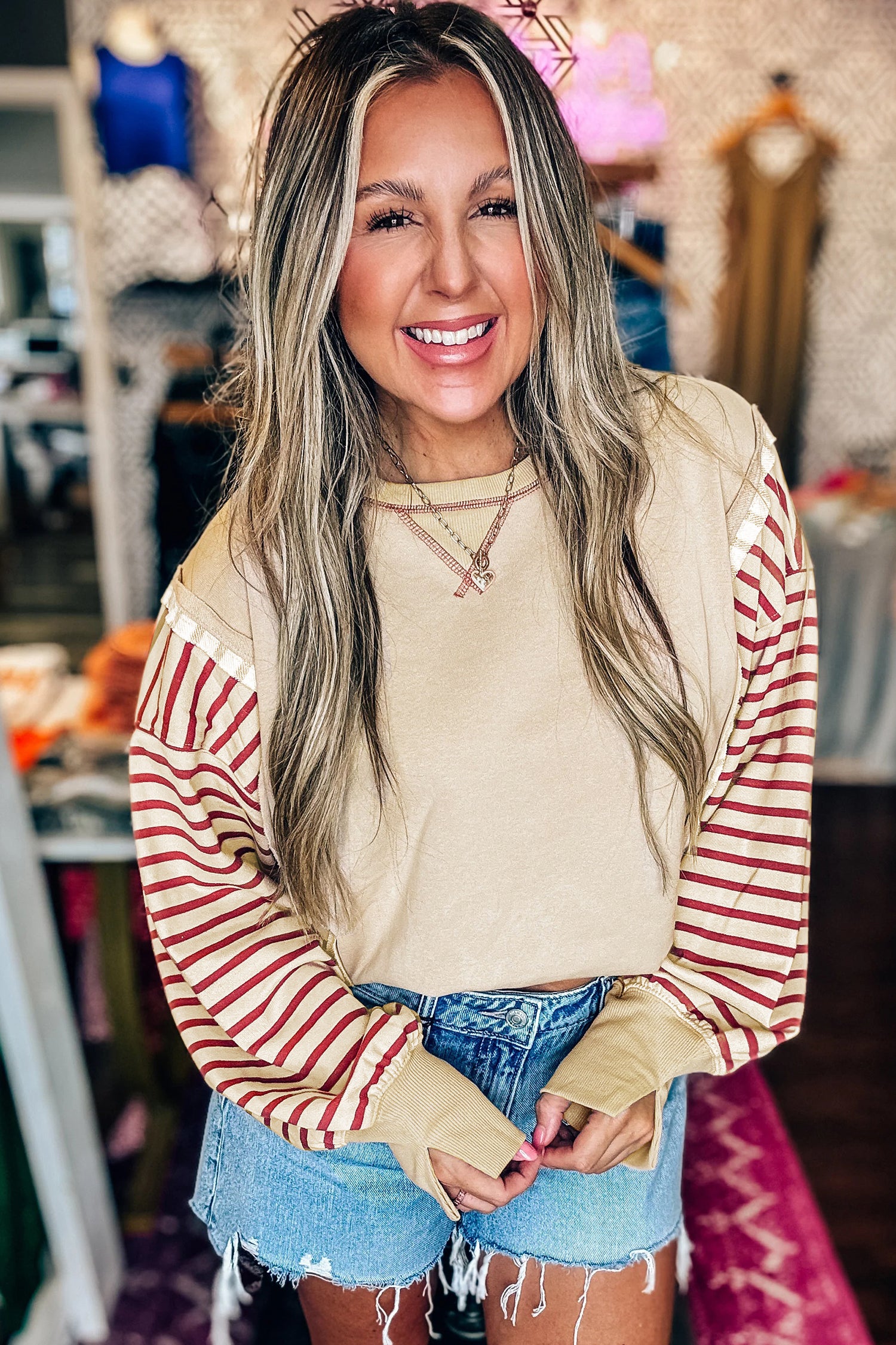 Red Stripe Sleeve Patchwork Casual Knit Top-Tops/Long Sleeve Tops-[Adult]-[Female]-2022 Online Blue Zone Planet