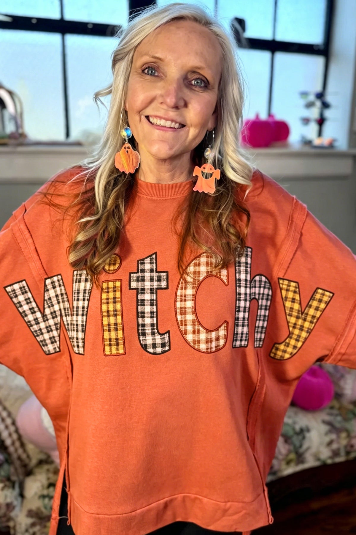 Flamingo Halloween Witchy Plaid Slogan Embroidered Patch Tunic Sweatshirt-Tops/Long Sleeve Tops-[Adult]-[Female]-2022 Online Blue Zone Planet