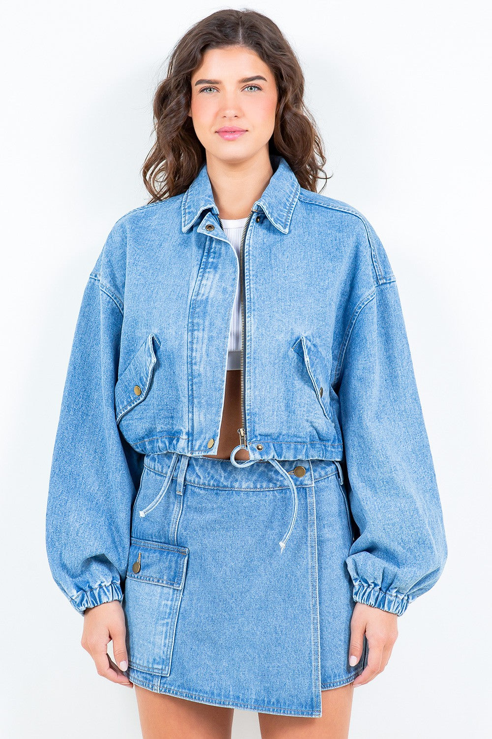 American Bazi Drawstring Waist Crop Denim Jacket-TOPS / DRESSES-[Adult]-[Female]-Blue-S-2022 Online Blue Zone Planet