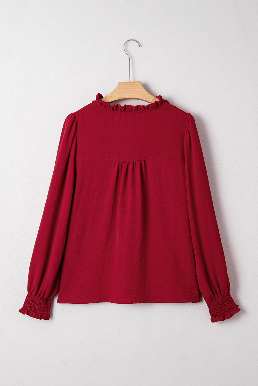 Burgundy Notched Neck Shirred Cuff Long Sleeve Blouse-Tops/Blouses & Shirts-[Adult]-[Female]-2022 Online Blue Zone Planet