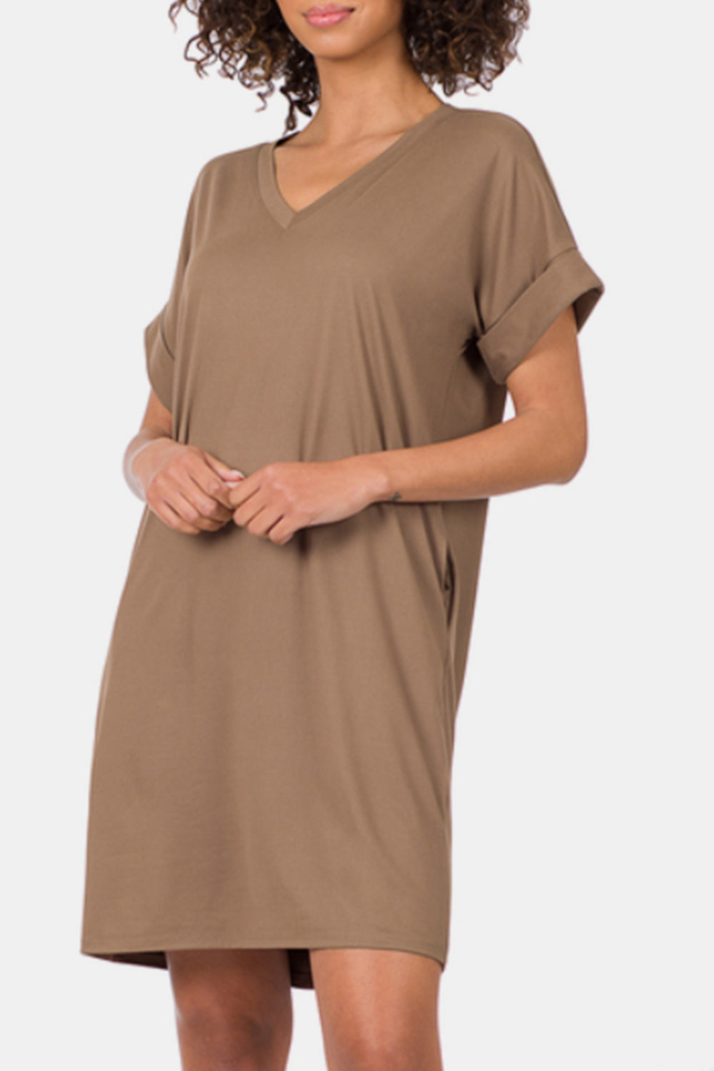 Zenana Rolled Short Sleeve V-Neck Dress-TOPS / DRESSES-[Adult]-[Female]-MOCHA-S-2022 Online Blue Zone Planet