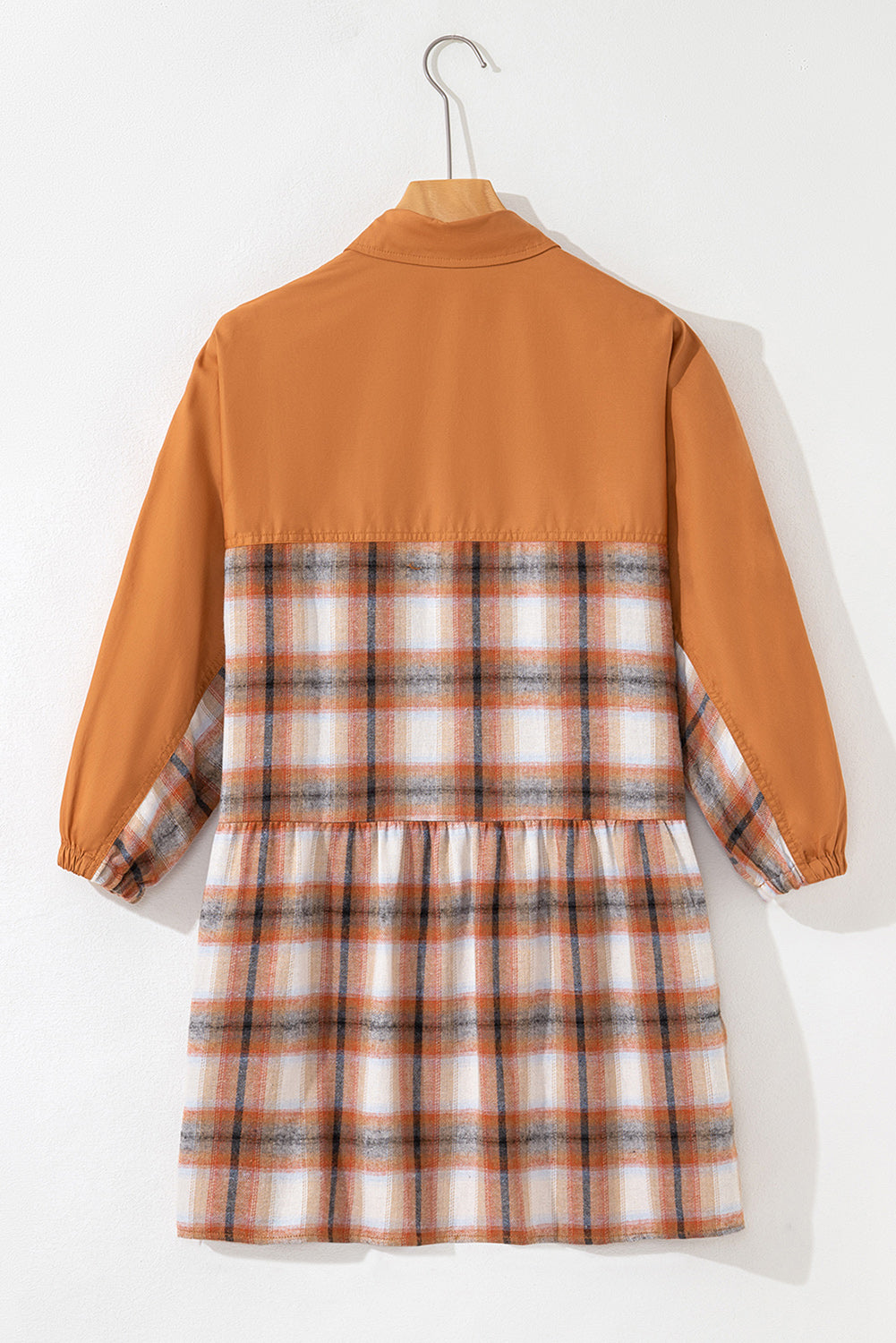 Khaki Plaid Color Block Patchwork Ruffle Hem Tunic Shirt Dress-TOPS / DRESSES-[Adult]-[Female]-2022 Online Blue Zone Planet