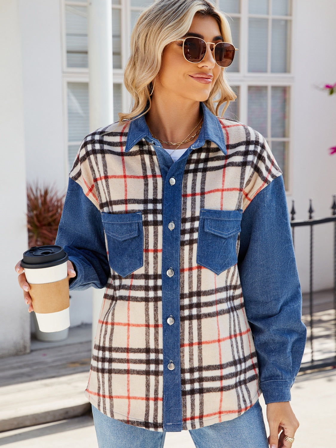 Plaid Long Sleeve Denim Jacket-TOPS / DRESSES-[Adult]-[Female]-2022 Online Blue Zone Planet