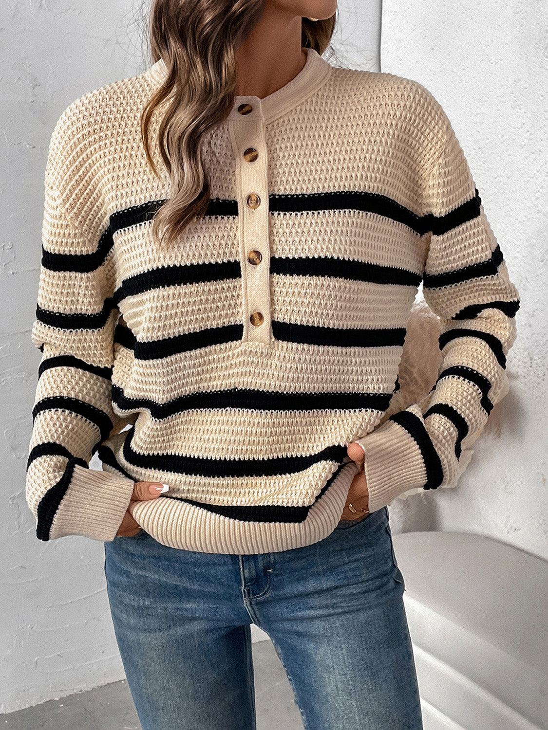 Perfee Striped Half Button Long Sleeve Sweater-TOPS / DRESSES-[Adult]-[Female]-2022 Online Blue Zone Planet