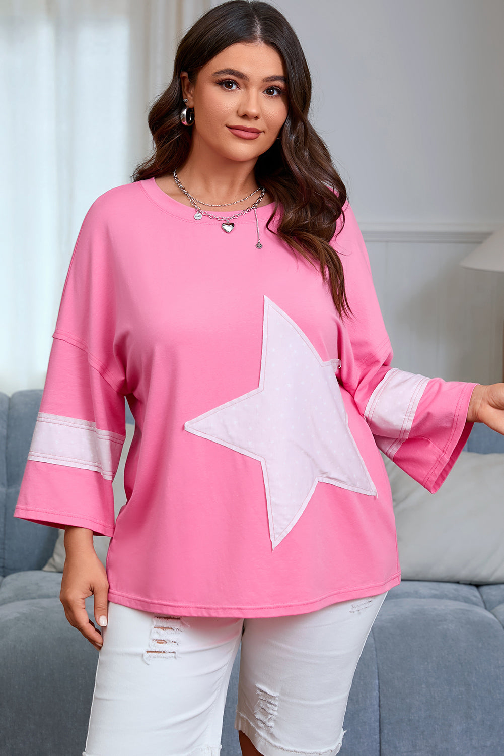 Pink Star Patched Colorblock Raw Edge Bracelet Sleeve Plus Size Loose Tee-Bracelet-[Adult]-[Female]-2022 Online Blue Zone Planet
