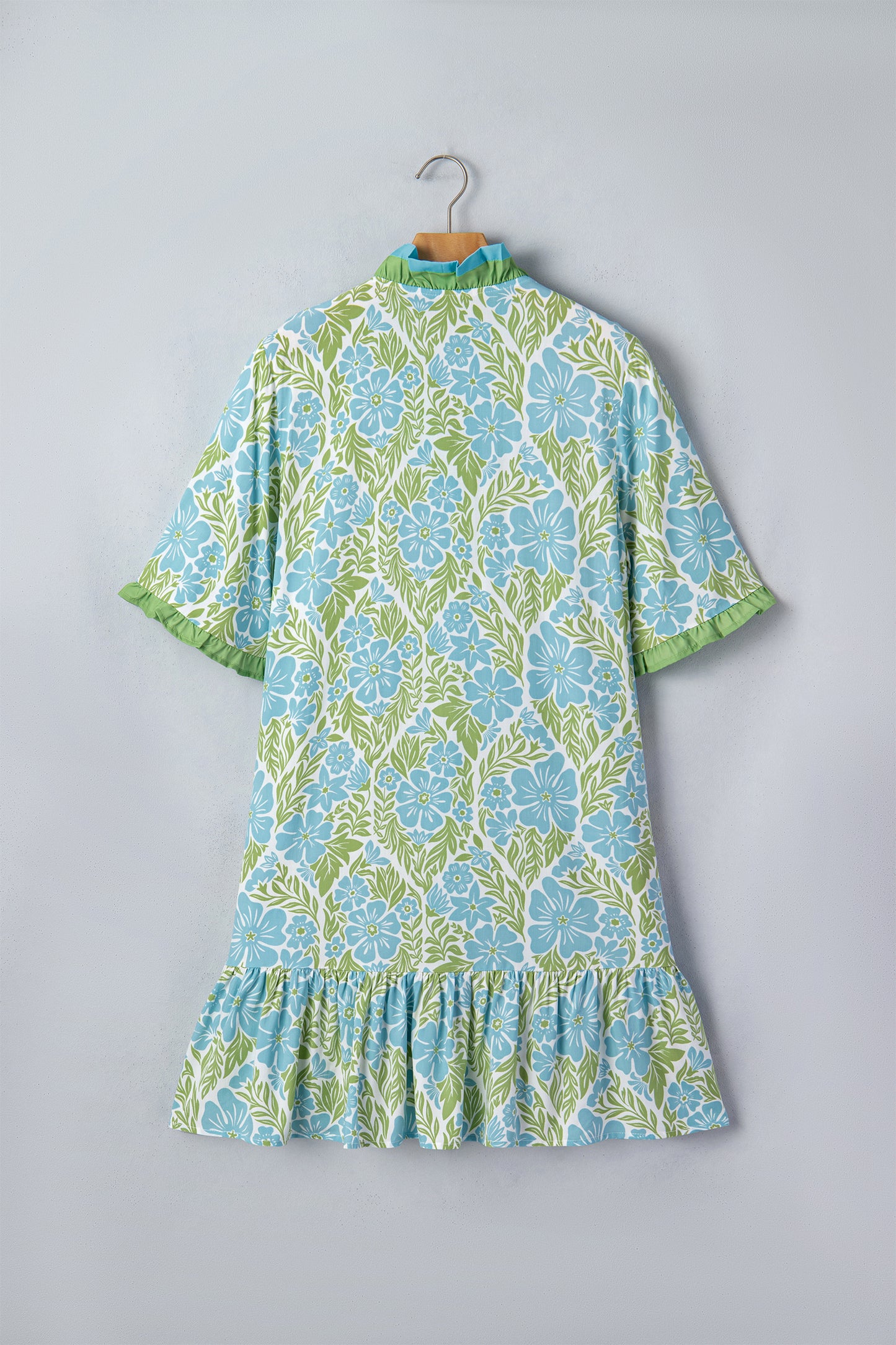 Sky Blue Botanical Floral Print Frilled Trim V Neck Button Front Loose Dress-Dresses/Floral Dresses-[Adult]-[Female]-2022 Online Blue Zone Planet