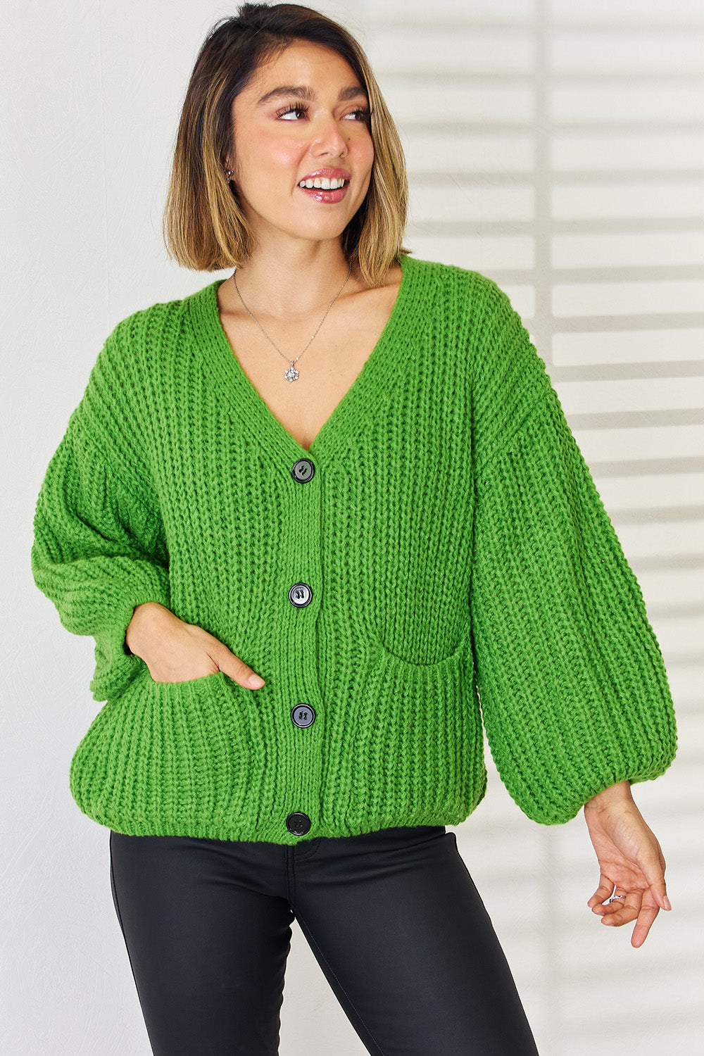 Pocketed Button Up Dropped Shoulder Cardigan-TOPS / DRESSES-[Adult]-[Female]-Green-S-2022 Online Blue Zone Planet