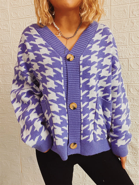 Houndstooth Botton Front Cardigan with Pockets-TOPS / DRESSES-[Adult]-[Female]-Purple-S-2022 Online Blue Zone Planet