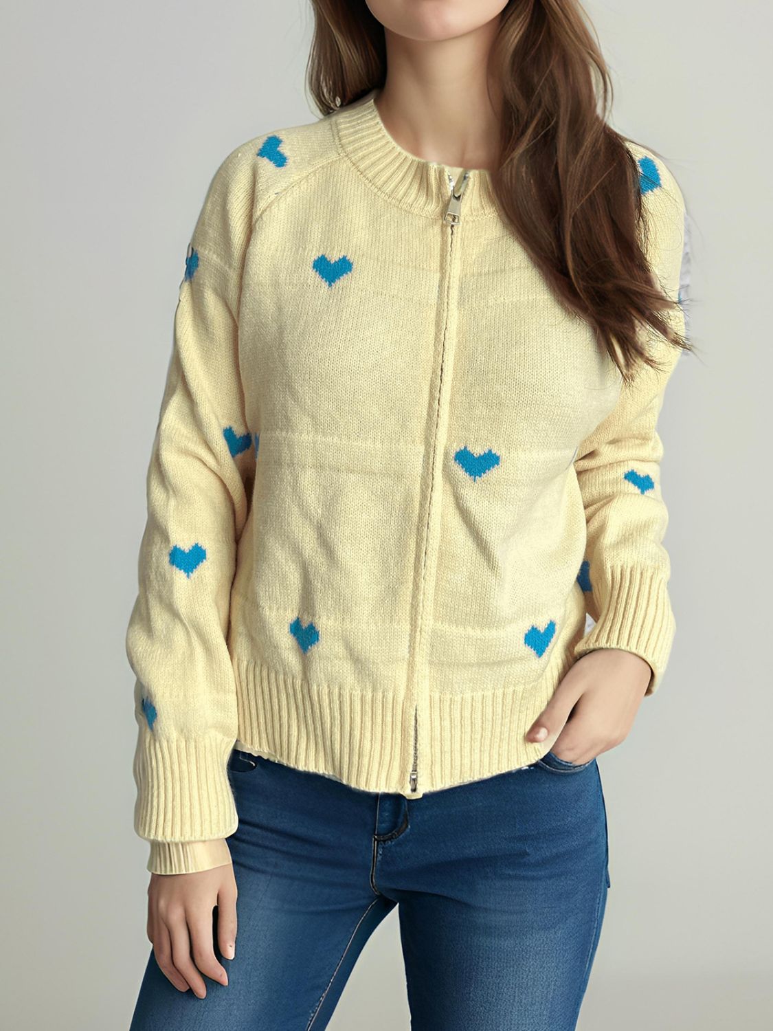 Heart Round Neck Zip Up Cardigan-NEW ARRIVALS-[Adult]-[Female]-Pastel Yellow-One Size-2022 Online Blue Zone Planet