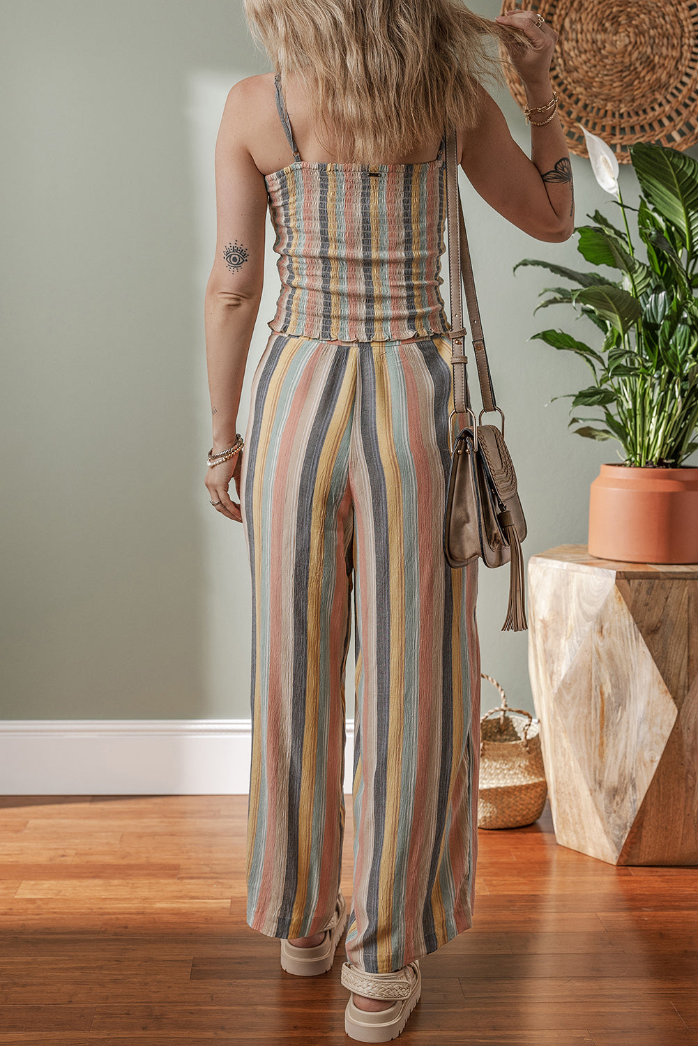 Multicolour Vertical Striped Smocked Cami Top Wide Leg Pants Set-Two Piece Sets/Pant Sets-[Adult]-[Female]-2022 Online Blue Zone Planet