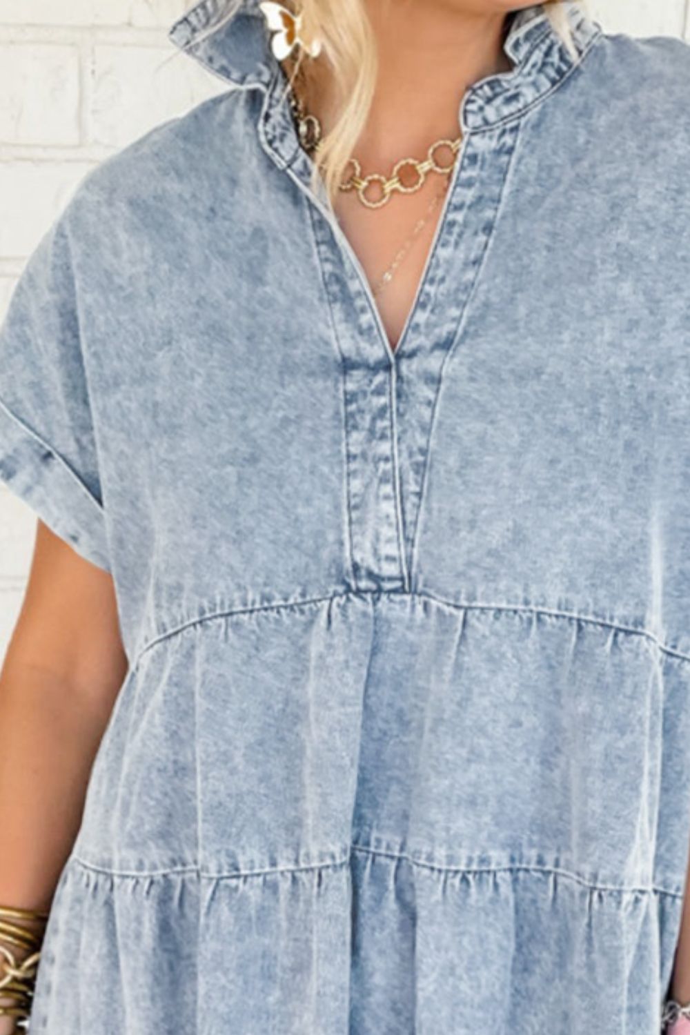 Raw Hem Notched Short Sleeve Denim Dress-TOPS / DRESSES-[Adult]-[Female]-2022 Online Blue Zone Planet