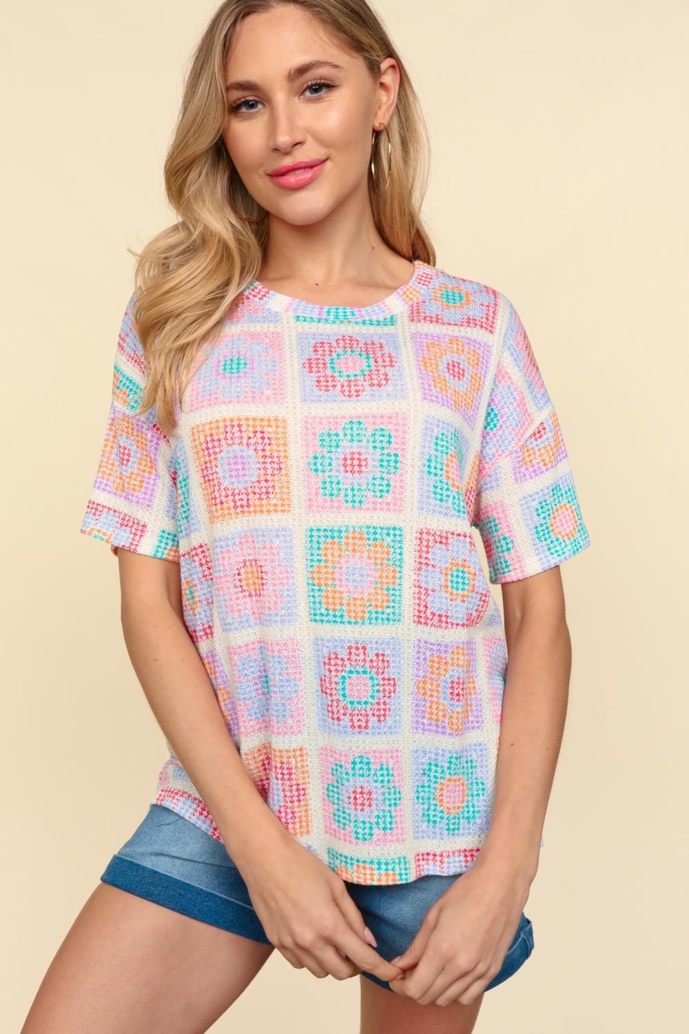 Blue Zone Planet | Haptics Flower Print Round Neck Short Sleeve T-Shirt-TOPS / DRESSES-[Adult]-[Female]-Oatmeal/Teal/Orange-S-2022 Online Blue Zone Planet