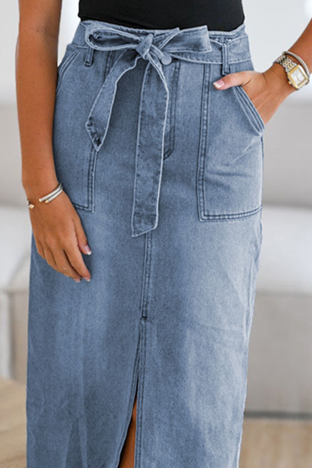 Tied Slit Denim Skirt-BOTTOM SIZES SMALL MEDIUM LARGE-[Adult]-[Female]-2022 Online Blue Zone Planet