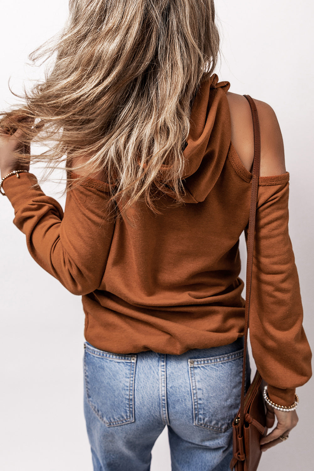 Black Exposed Seam Cold Shoulder Drawstring Hoodie-Tops/Sweatshirts & Hoodies-[Adult]-[Female]-2022 Online Blue Zone Planet