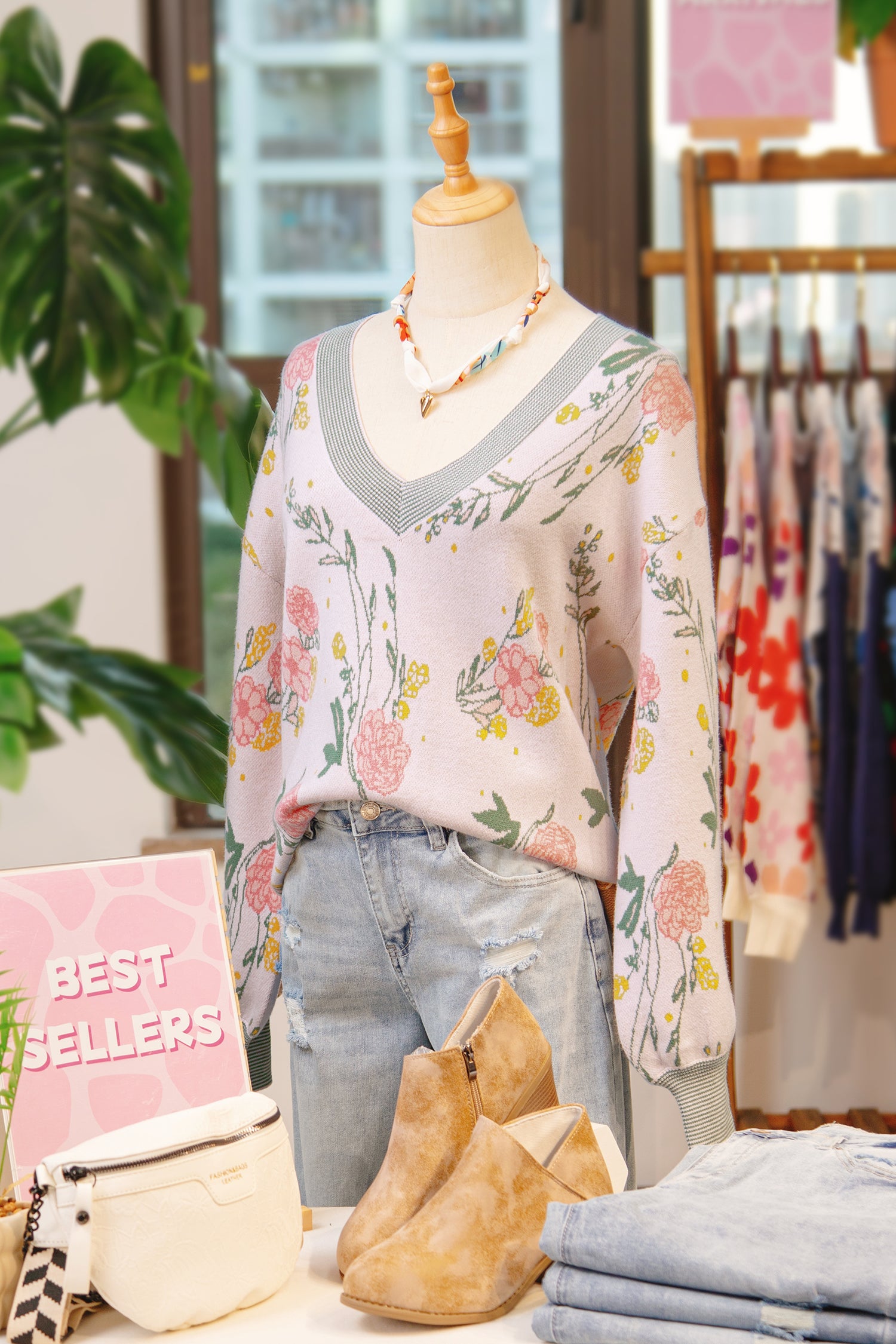 Pink Floral Pattern Striped V Neck Loose Sweater-TOPS / DRESSES-[Adult]-[Female]-2022 Online Blue Zone Planet