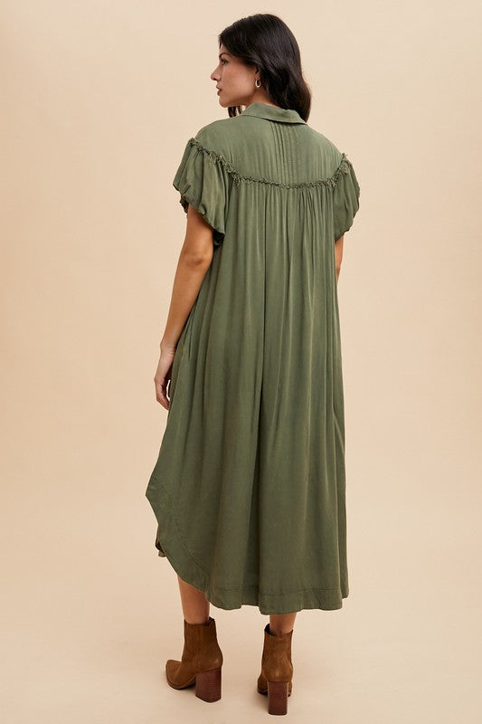 Annie Wear Mineral Washed Button Down Puff Sleeve Shirt Dress-TOPS / DRESSES-[Adult]-[Female]-2022 Online Blue Zone Planet