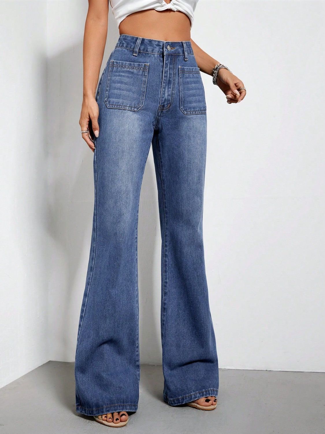 Bootcut Jeans with Pockets-BOTTOM SIZES SMALL MEDIUM LARGE-[Adult]-[Female]-2022 Online Blue Zone Planet