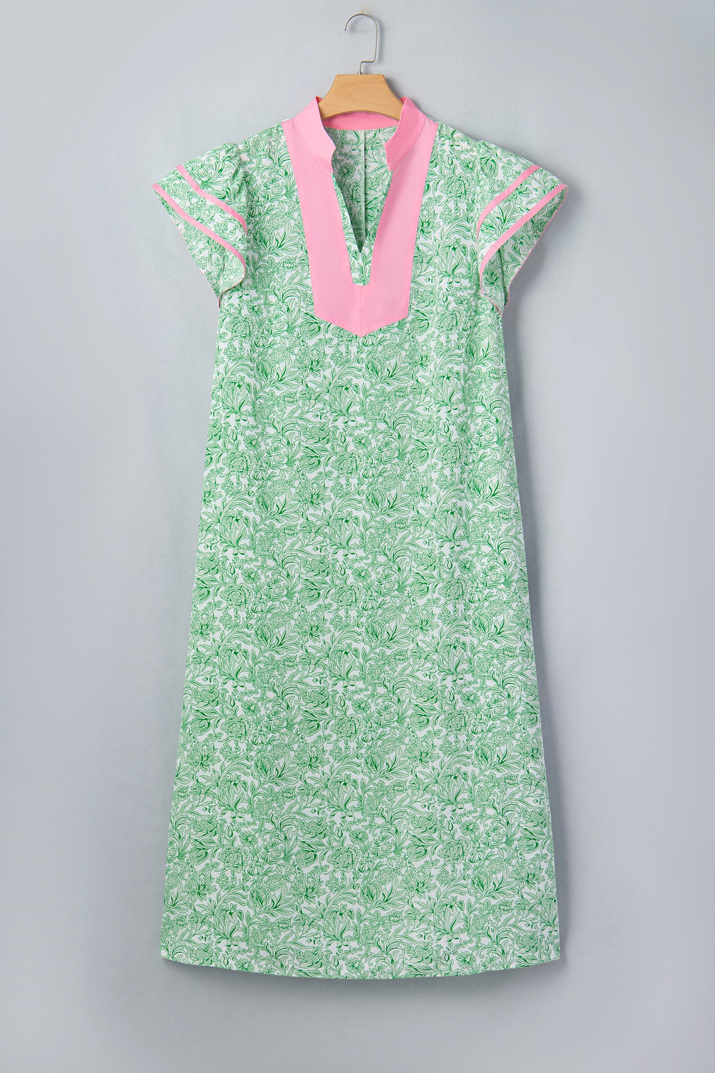 Green Plus Size Contrast Trim Flutter Sleeve Floral Kaftan Maxi Dress-TOPS / DRESSES-[Adult]-[Female]-2022 Online Blue Zone Planet