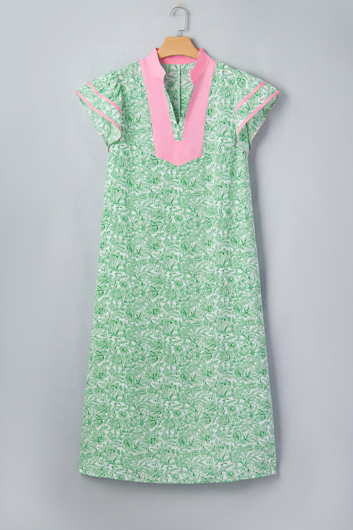 Green Plus Size Contrast Trim Flutter Sleeve Floral Kaftan Maxi Dress-TOPS / DRESSES-[Adult]-[Female]-2022 Online Blue Zone Planet