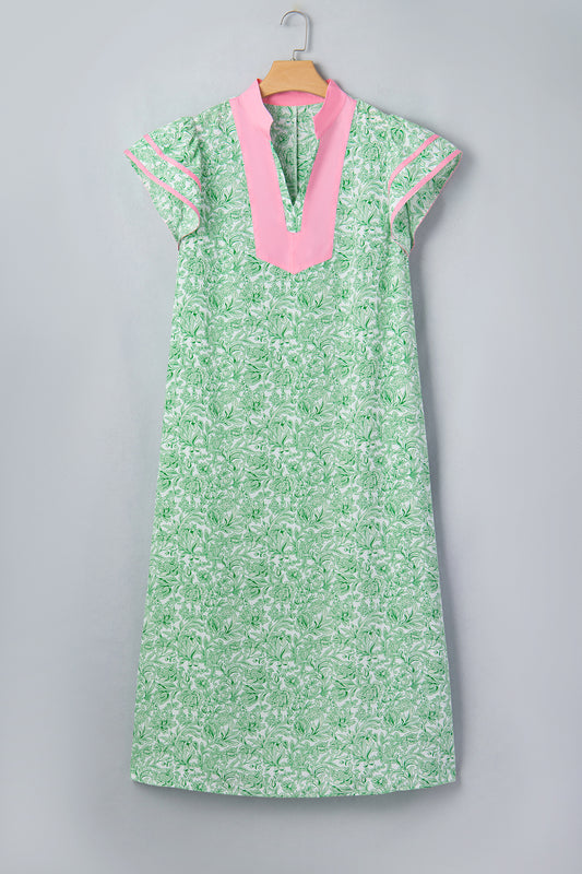 Green Plus Size Contrast Trim Flutter Sleeve Floral Kaftan Maxi Dress-TOPS / DRESSES-[Adult]-[Female]-2022 Online Blue Zone Planet