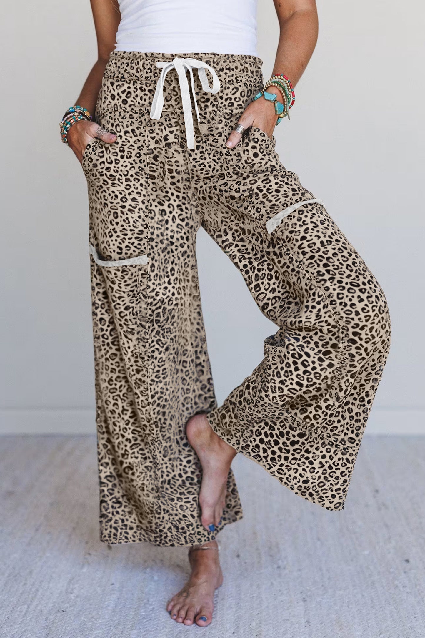 Khaki Animal Print Wide Leg Terry Knit Pants-Bottoms/Pants & Culotte-[Adult]-[Female]-Khaki-S-2022 Online Blue Zone Planet