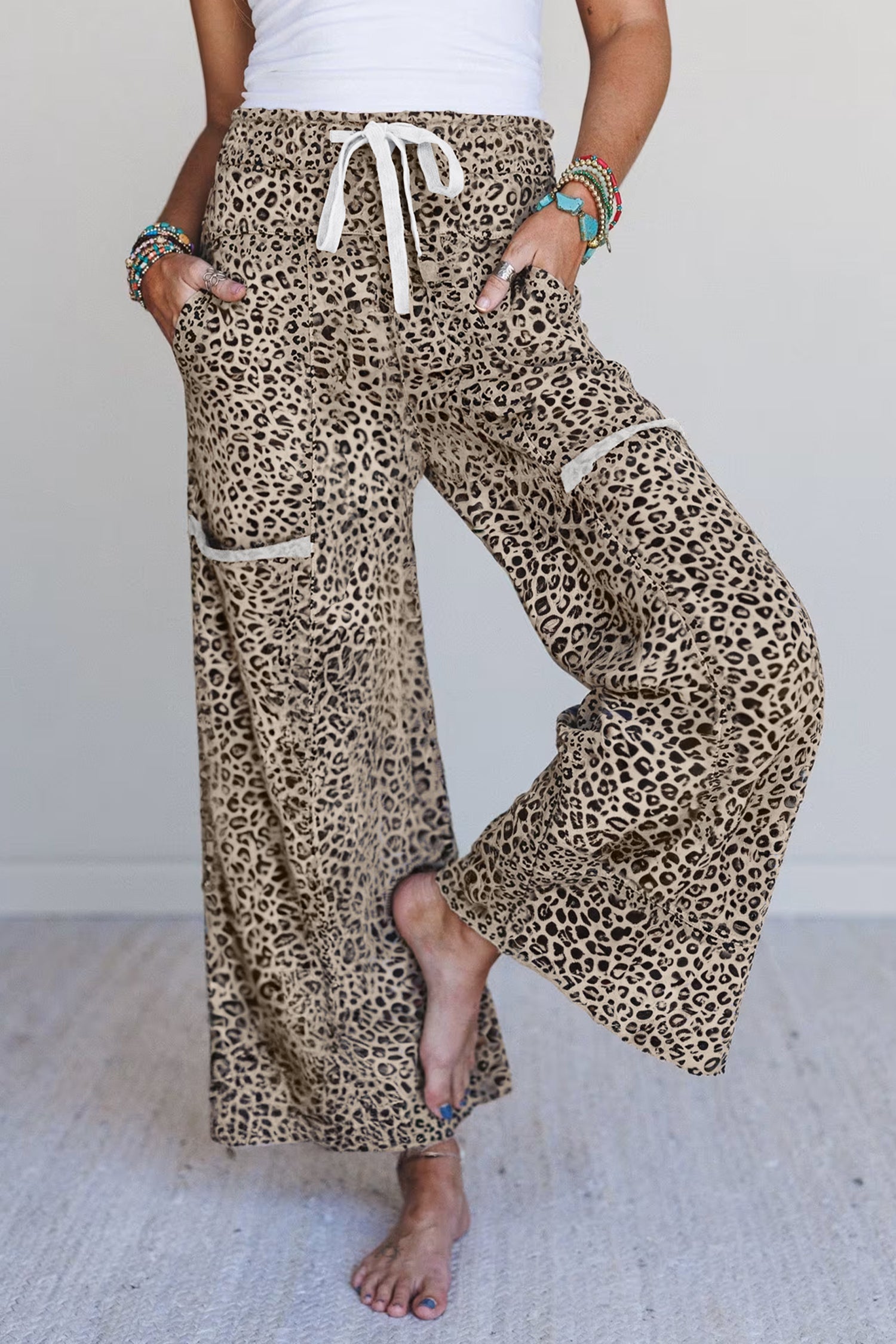 Khaki Animal Print Wide Leg Terry Knit Pants-Bottoms/Pants & Culotte-[Adult]-[Female]-Khaki-S-2022 Online Blue Zone Planet