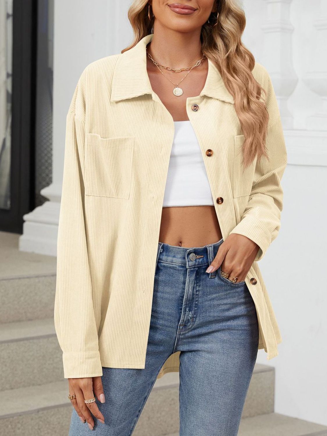 Button Up Dropped Shoulder Long Sleeve Outerwear-TOPS / DRESSES-[Adult]-[Female]-Pastel Yellow-S-2022 Online Blue Zone Planet