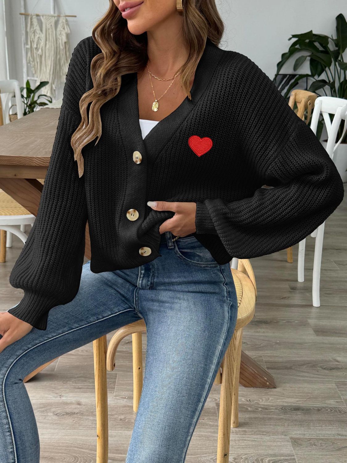 Heart Button Down V-Neck Long Sleeve Cardigan-TOPS / DRESSES-[Adult]-[Female]-2022 Online Blue Zone Planet