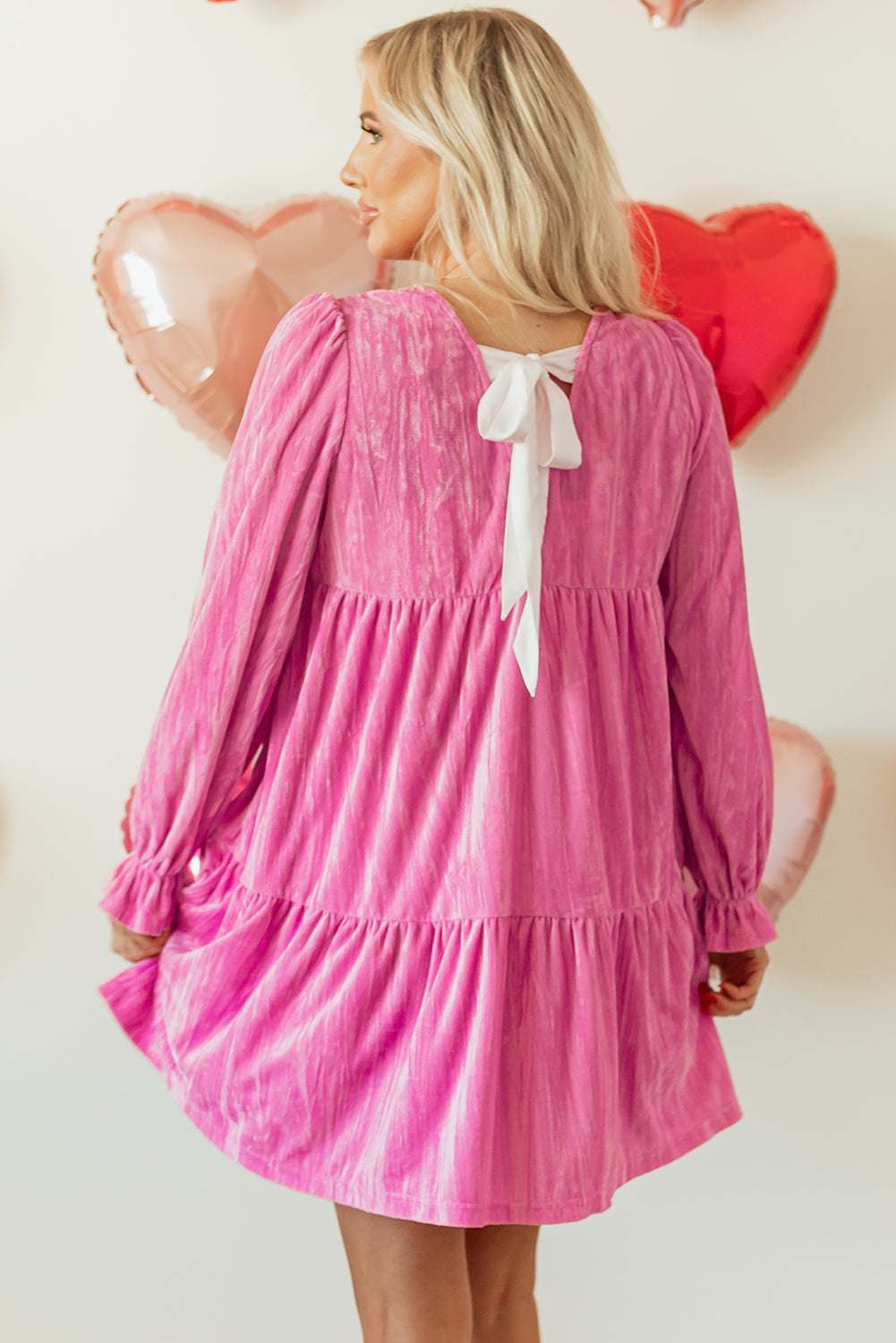 Blue Zone Planet | Strawberry Pink Flounce Sleeve Tiered Ruffled Velvet Mini Dress-TOPS / DRESSES-[Adult]-[Female]-2022 Online Blue Zone Planet