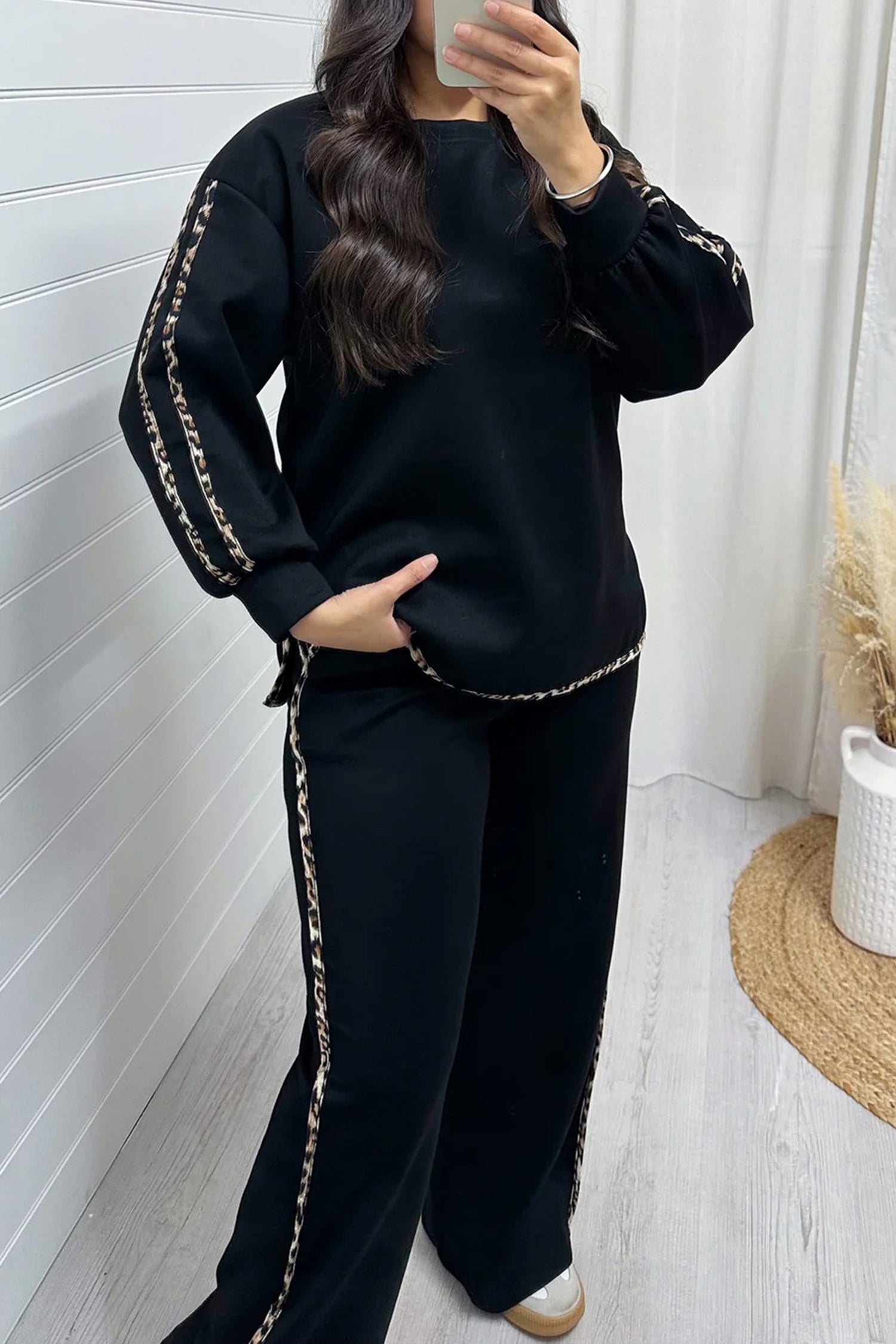 Black Contrast Leopard Trim Casual Sweatshirt Pant Set-Two Piece Sets/Pant Sets-[Adult]-[Female]-Black-S-2022 Online Blue Zone Planet