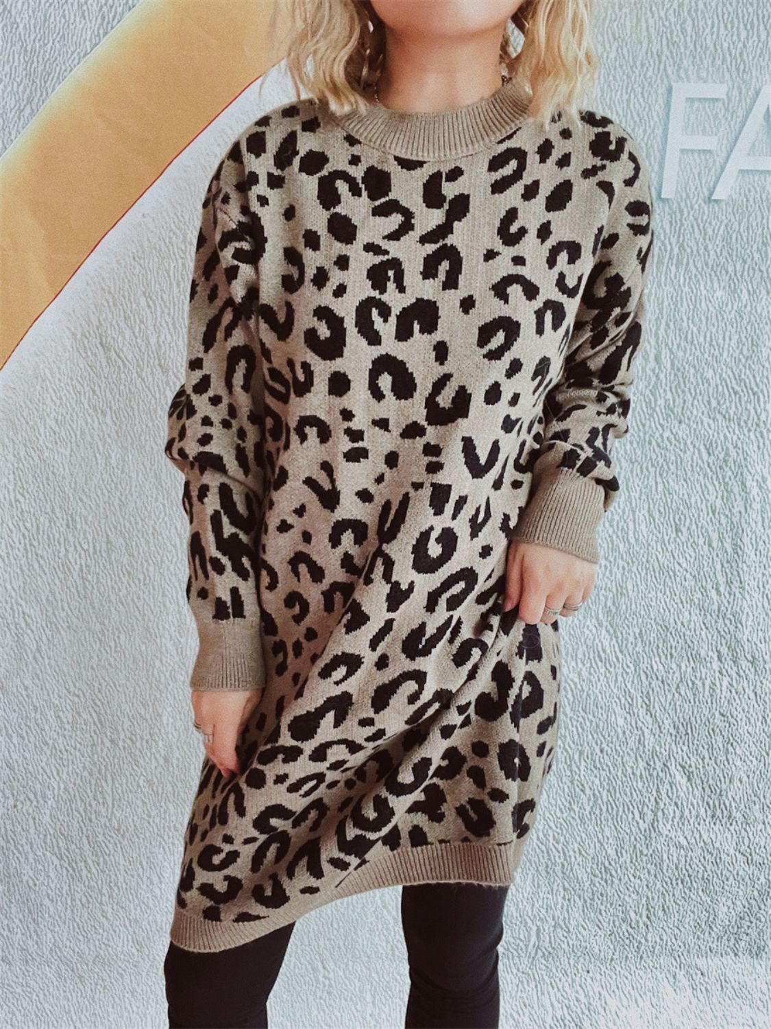 Leopard Round Neck Long Sleeve Sweater-TOPS / DRESSES-[Adult]-[Female]-Khaki-One Size-2022 Online Blue Zone Planet