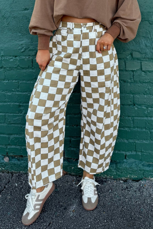 White Checkered Print Denim Barrel Pants-Bottoms/Pants & Culotte-[Adult]-[Female]-White-4-2022 Online Blue Zone Planet