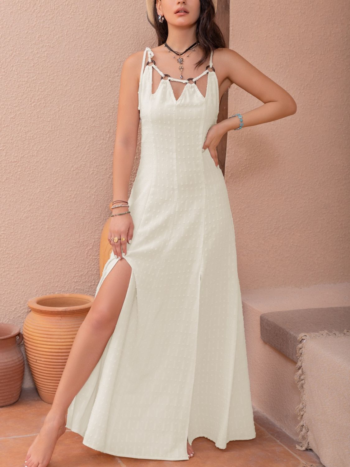 Swiss Dot Cutout Sleeveless Maxi Dress-TOPS / DRESSES-[Adult]-[Female]-Beige-S-2022 Online Blue Zone Planet