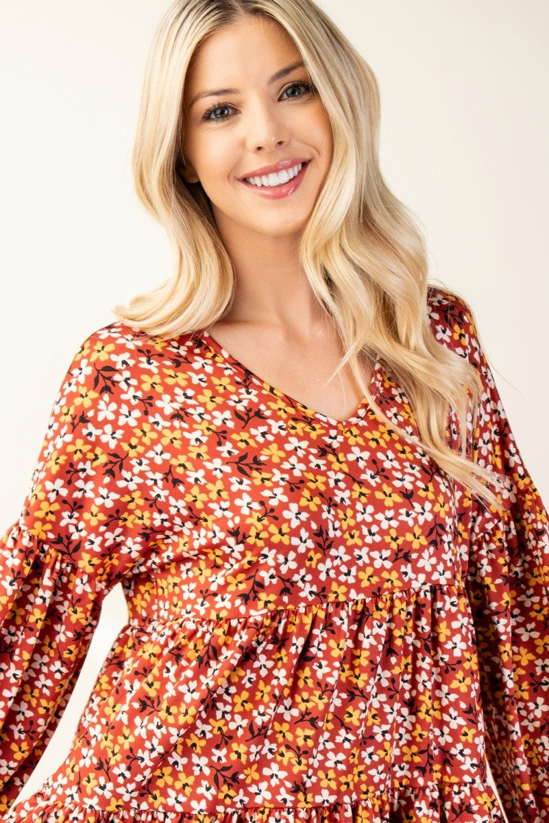 Blue Zone Planet | Celeste Full Size Floral V-Neck Balloon Sleeve Blouse-TOPS / DRESSES-[Adult]-[Female]-2022 Online Blue Zone Planet