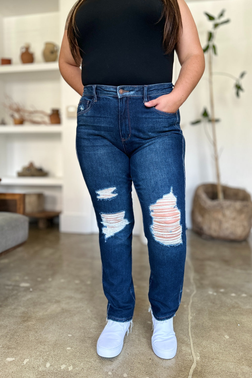 Blue Zone Planet | Judy Blue Full Size High Waist Rigid Magic Heavy Destroy Straight Jeans-TOPS / DRESSES-[Adult]-[Female]-Dark-0/24-2022 Online Blue Zone Planet