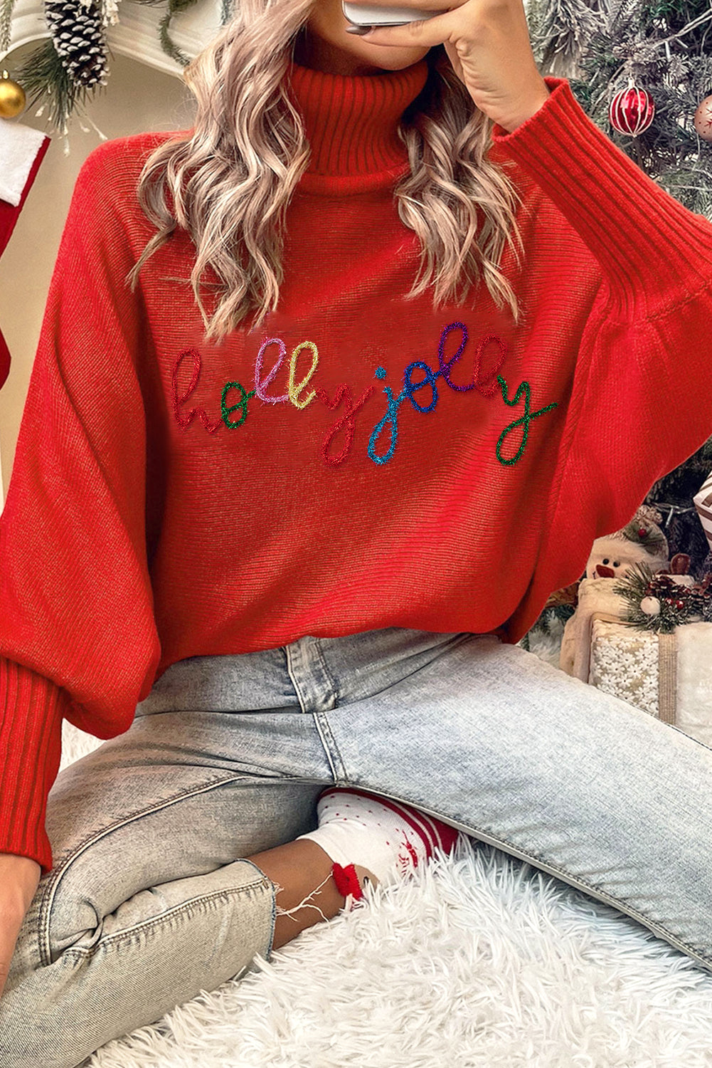 Fiery Red Christmas Holly Jolly Tinsel Graphic High Neck Sweater-Sweaters & Cardigans/Sweaters-[Adult]-[Female]-Fiery Red-S-2022 Online Blue Zone Planet