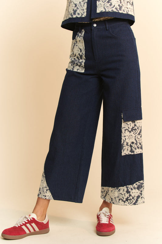 Davi & Dani Lace Applique Wide Leg Jeans-BOTTOMS-[Adult]-[Female]-Dark-S-2022 Online Blue Zone Planet