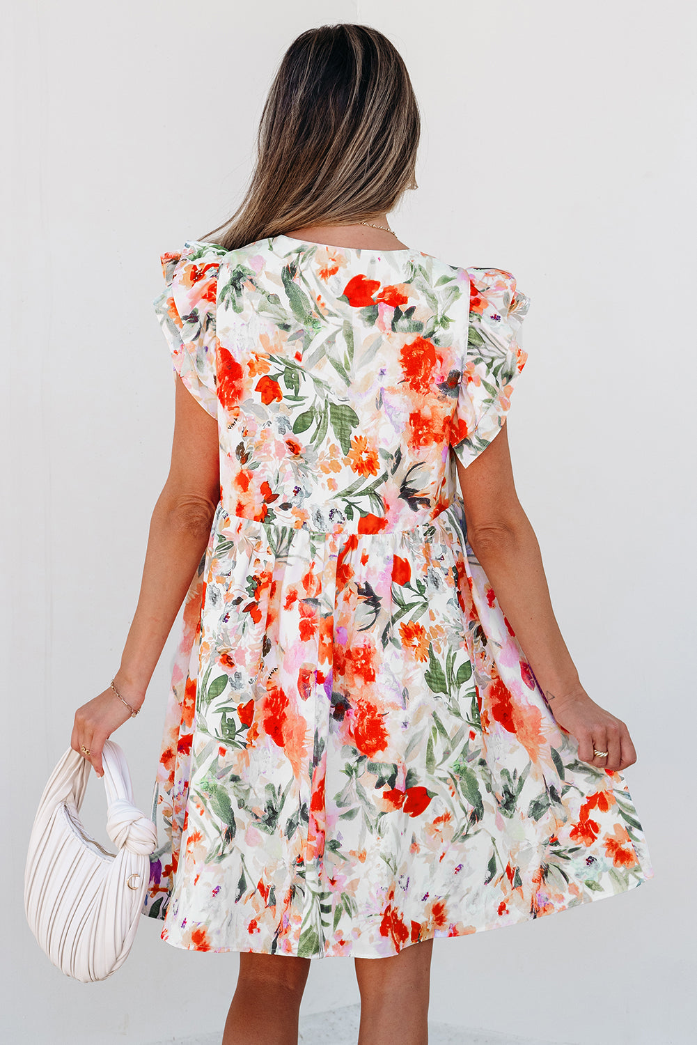 Pink Floral Double Ruffle Sleeve V Neck High Waist Mini Dress-TOPS / DRESSES-[Adult]-[Female]-2022 Online Blue Zone Planet