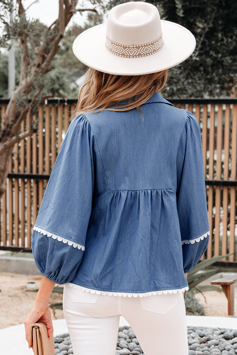 Dusk Blue Lace Ric Rac 3/4 Puff Sleeve Collared Babydoll Blouse-Tops/Blouses & Shirts-[Adult]-[Female]-2022 Online Blue Zone Planet