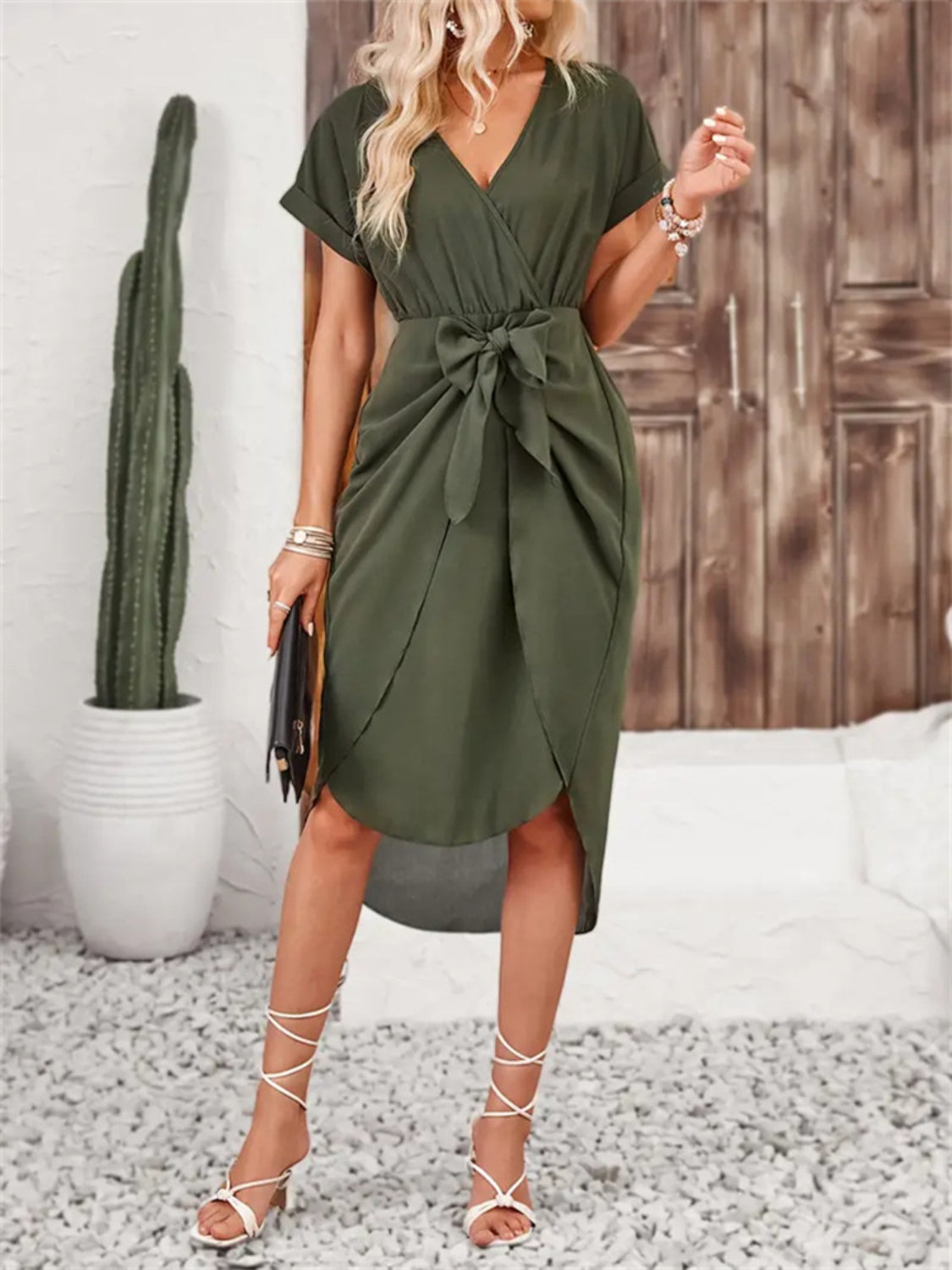 Tied Surplice Short Sleeve Dress-TOPS / DRESSES-[Adult]-[Female]-Army Green-S-2022 Online Blue Zone Planet